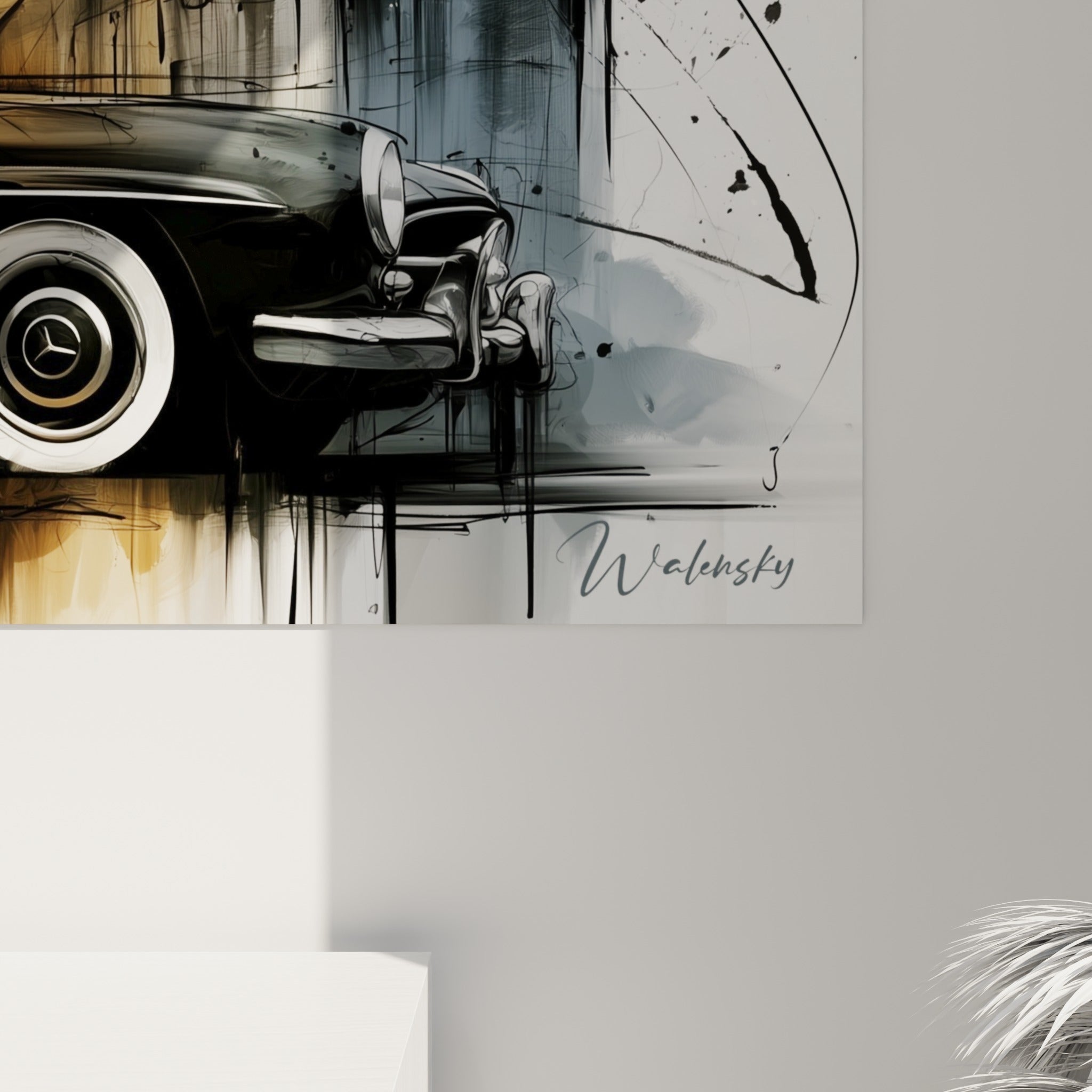 Empâtements noirs et coulures ocre révélant la matière esquissée de la voiture et de l'horloge