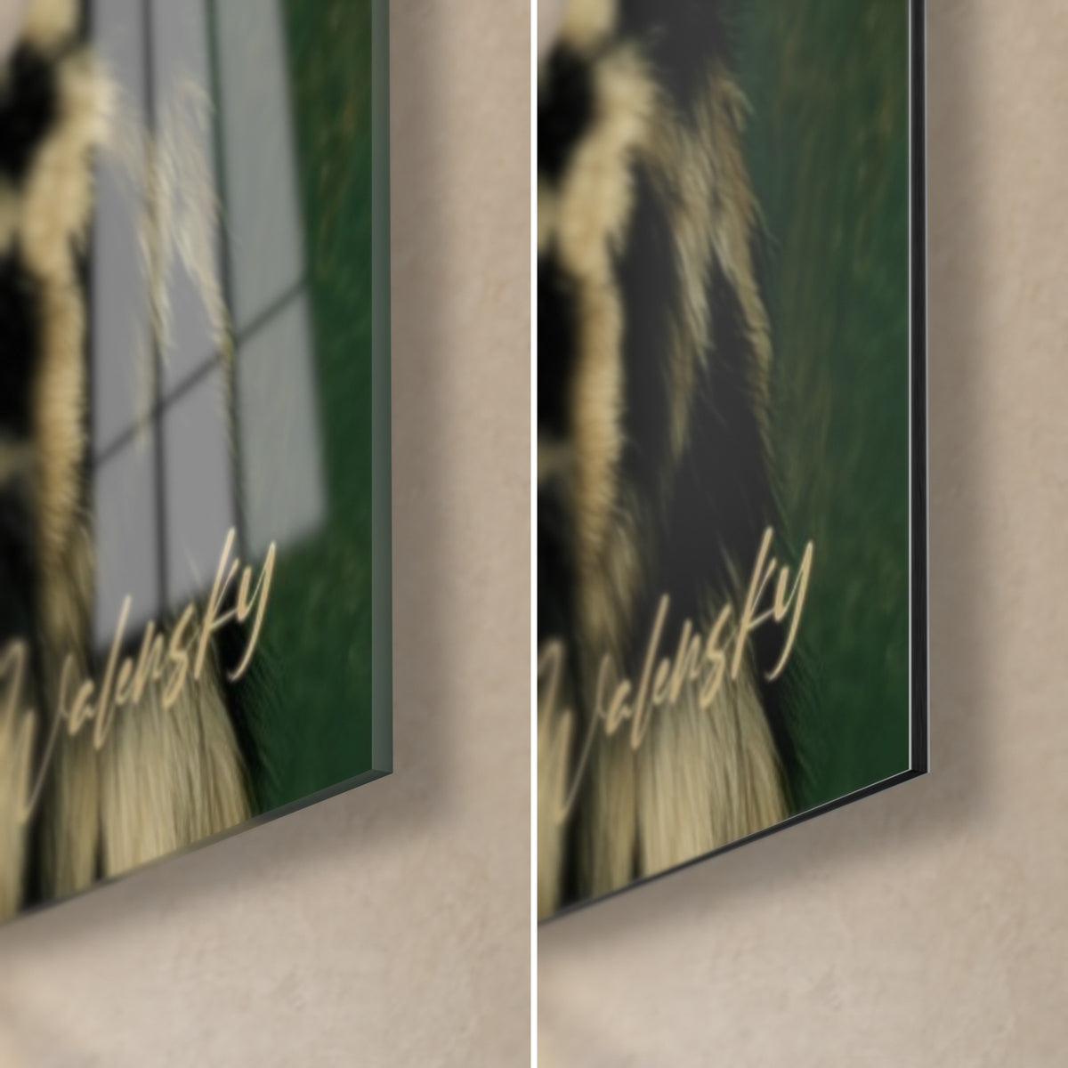 Wall art trio in round glasses, bottom right corner: gold signature on green background, shiny glass reflecting the window, matte Dibond