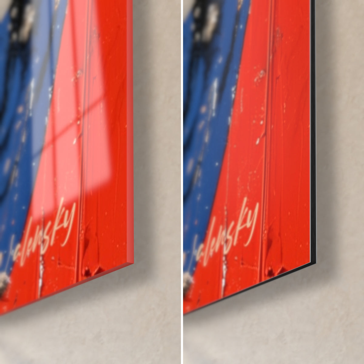 Cuadro de cartel rojo y azul arrancado, esquina inferior derecha: cristal brillante a la izquierda, Dibond negro mate a la derecha, canto fino