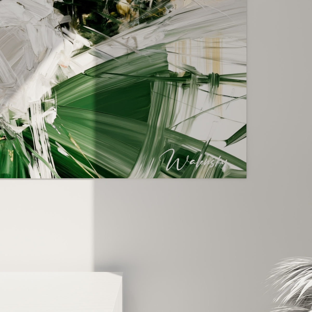 Empâtements blancs et verts visibles de près, coulures dorées sur le corsage de la robe peinte