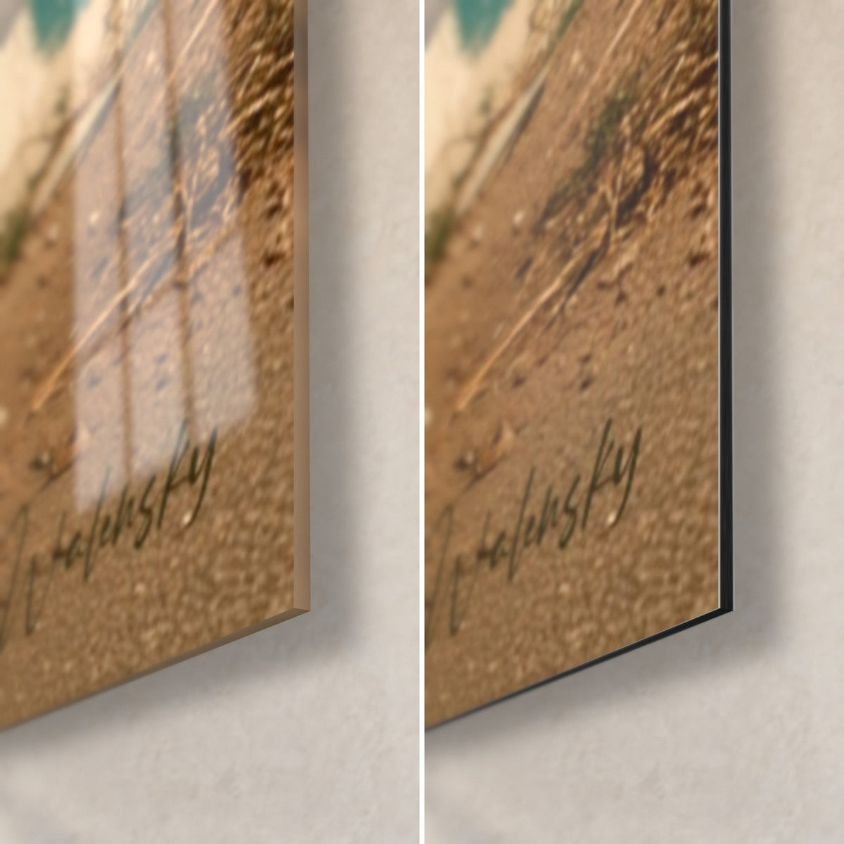 Wall art of a man in a mint suit, bottom right corner: glossy acrylic glass on the left, matte Dibond on the right, dry beige grass