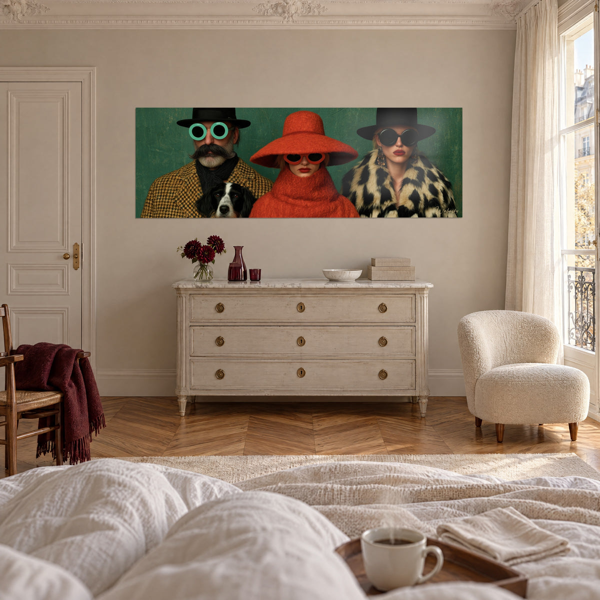 Wall art three silhouettes in black and orange hats, round glasses, green background, above a bed in a bright bedroom