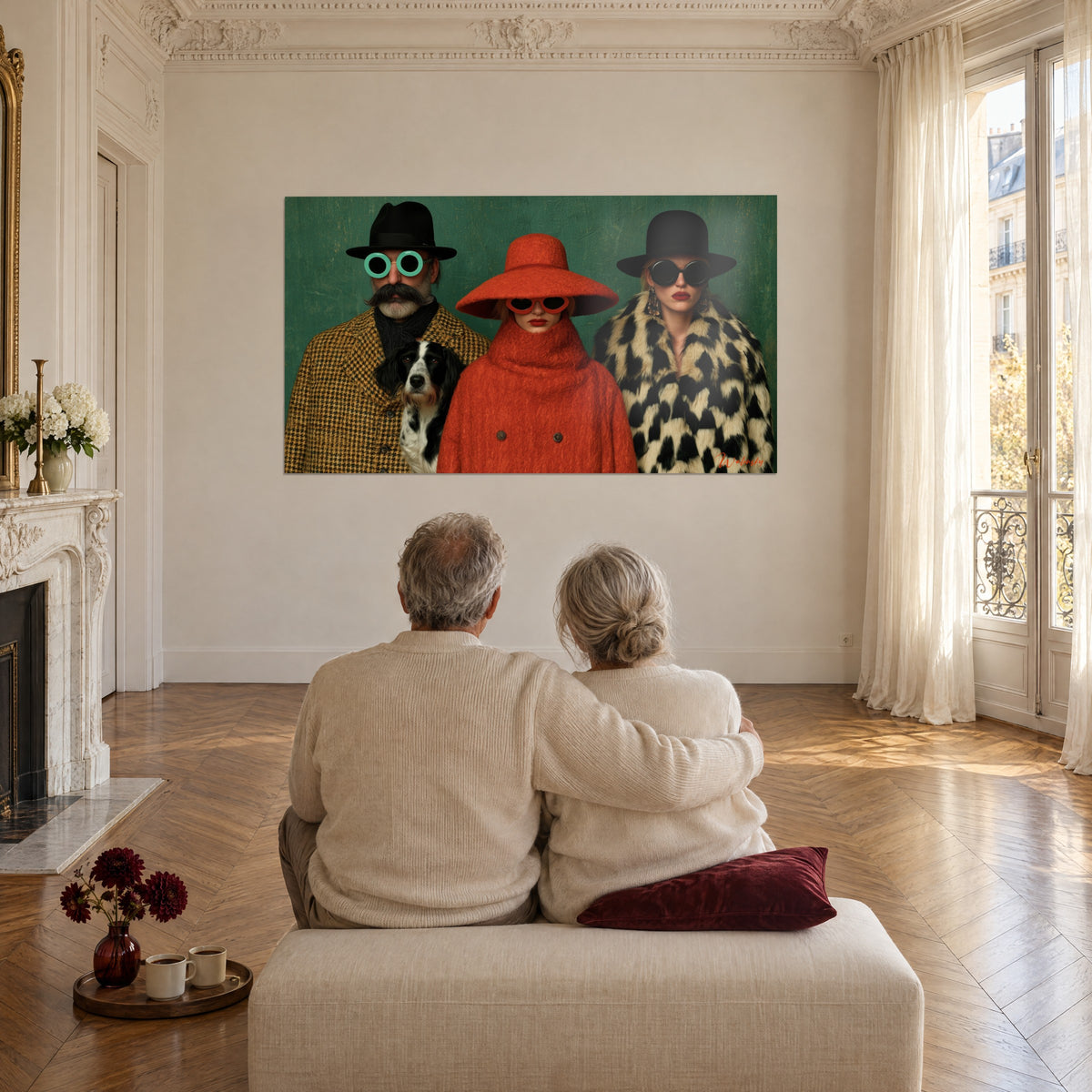 Tableau trio vintage au manteau orange duveteux et fourrure léopard crème, face à un couple âgé enlacé de dos sur un pouf