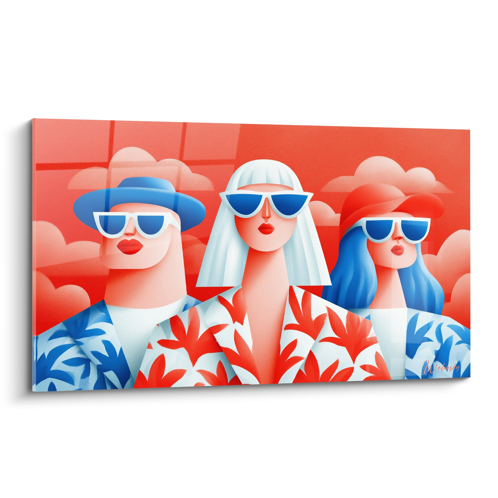 Trois silhouettes Rétro aux lunettes bleues et chemises corail se détachent sur un ciel nuageux