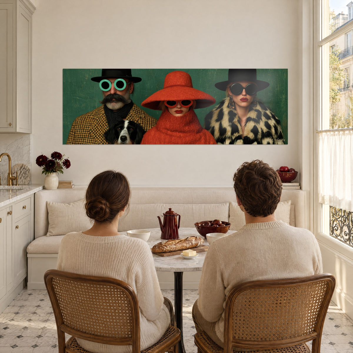 Wall art mysterious trio, large orange hat, mustard houndstooth coat, black and cream fur, facing a couple seated at a table