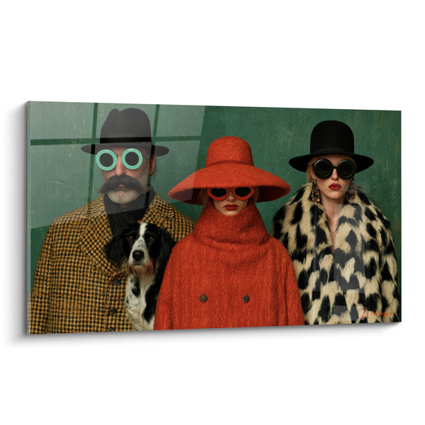 Tableau Trio élégant en manteaux orange et vert - Portrait figé - Edition Rétro