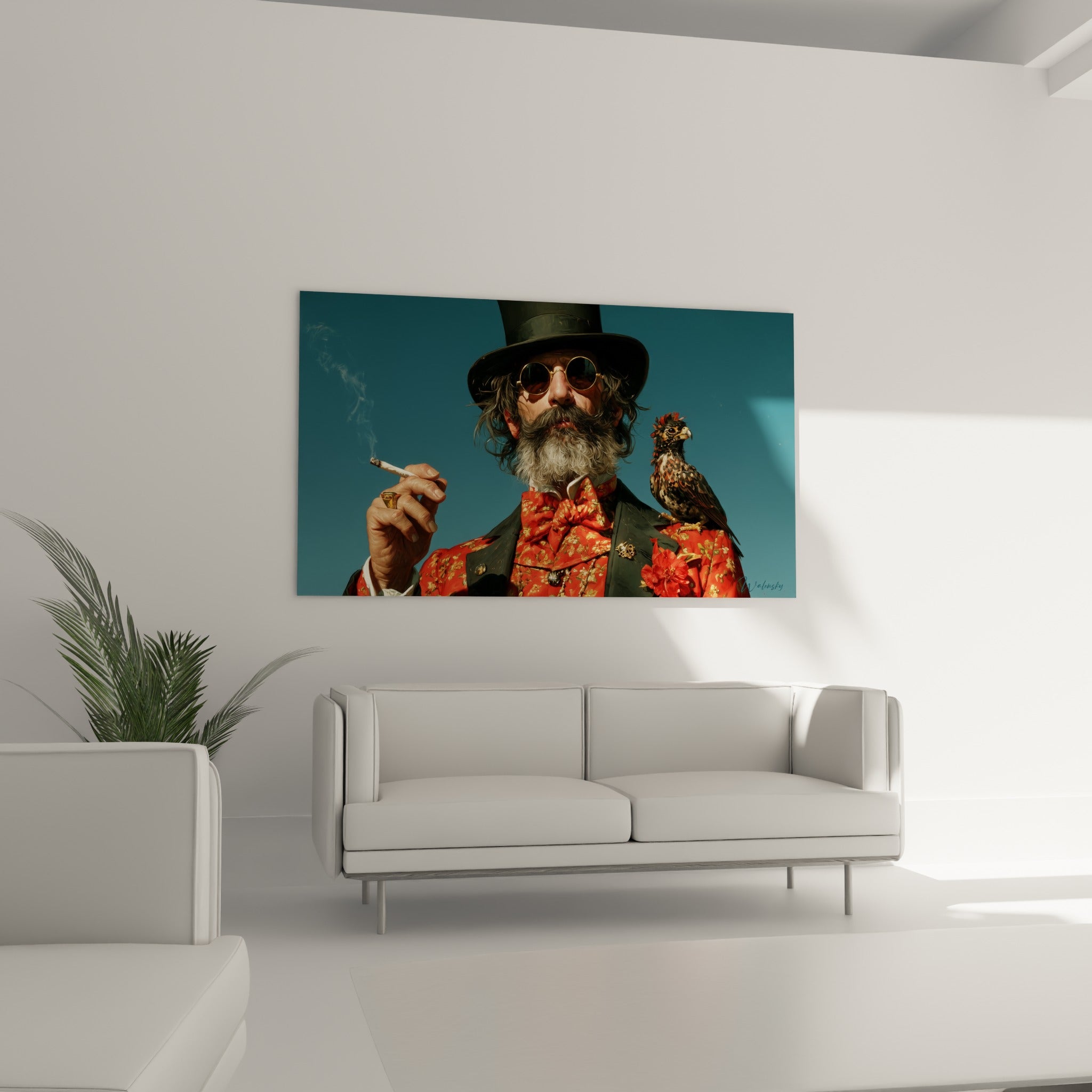 Homme au chapeau anthracite et bijoux dorés, tableau placé au-dessus d'un canapé dans un salon lumineux