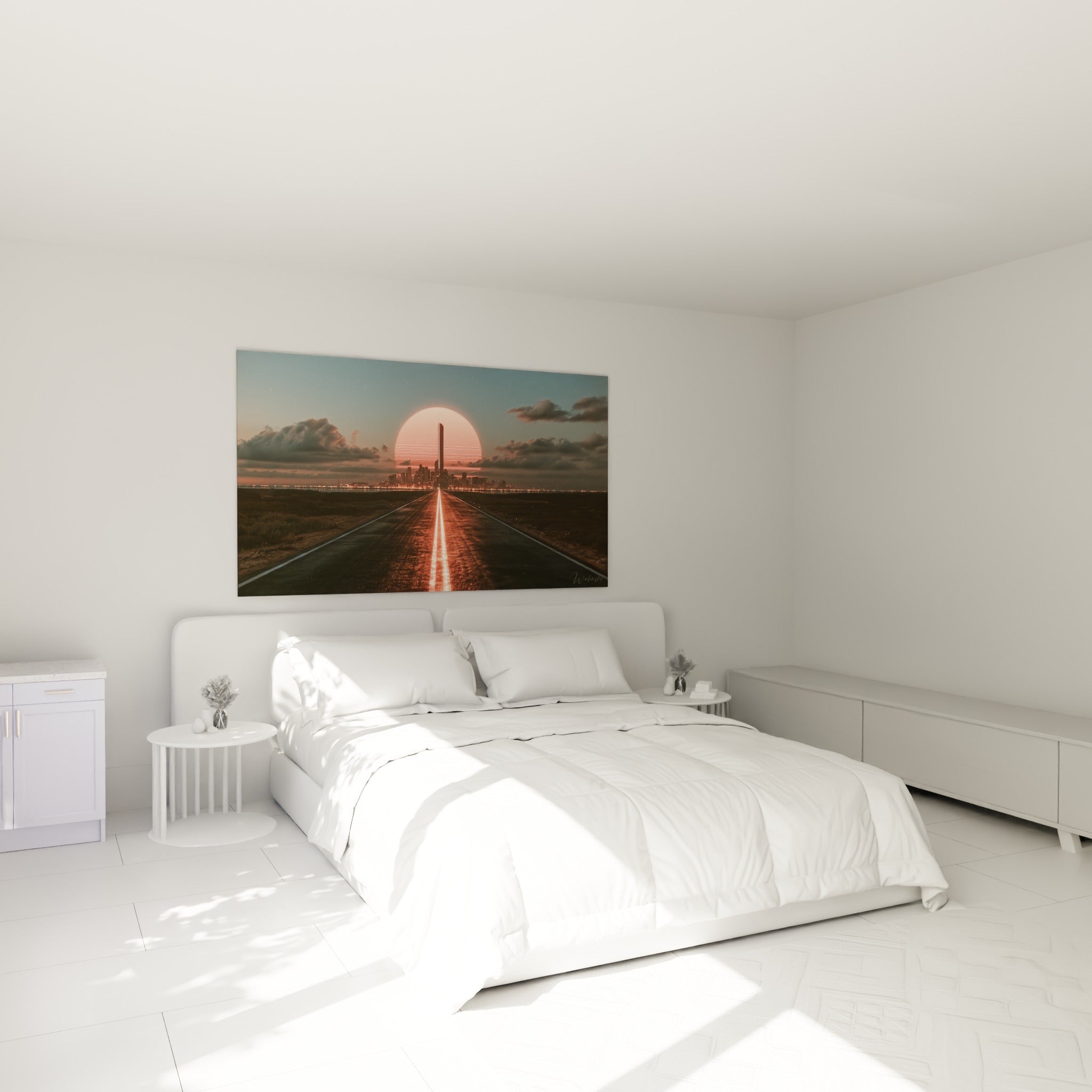Skyline rose et bleu nuit d'un tableau rétro accrochée au-dessus d'un lit dans une chambre claire