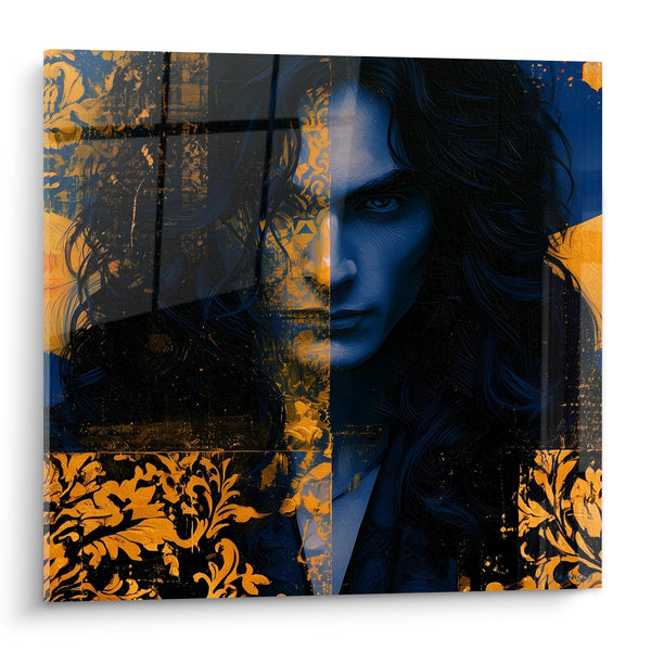 Tableau Portrait bleu marine et doré aux motifs baroques - Regard nocturne - Edition Rétro