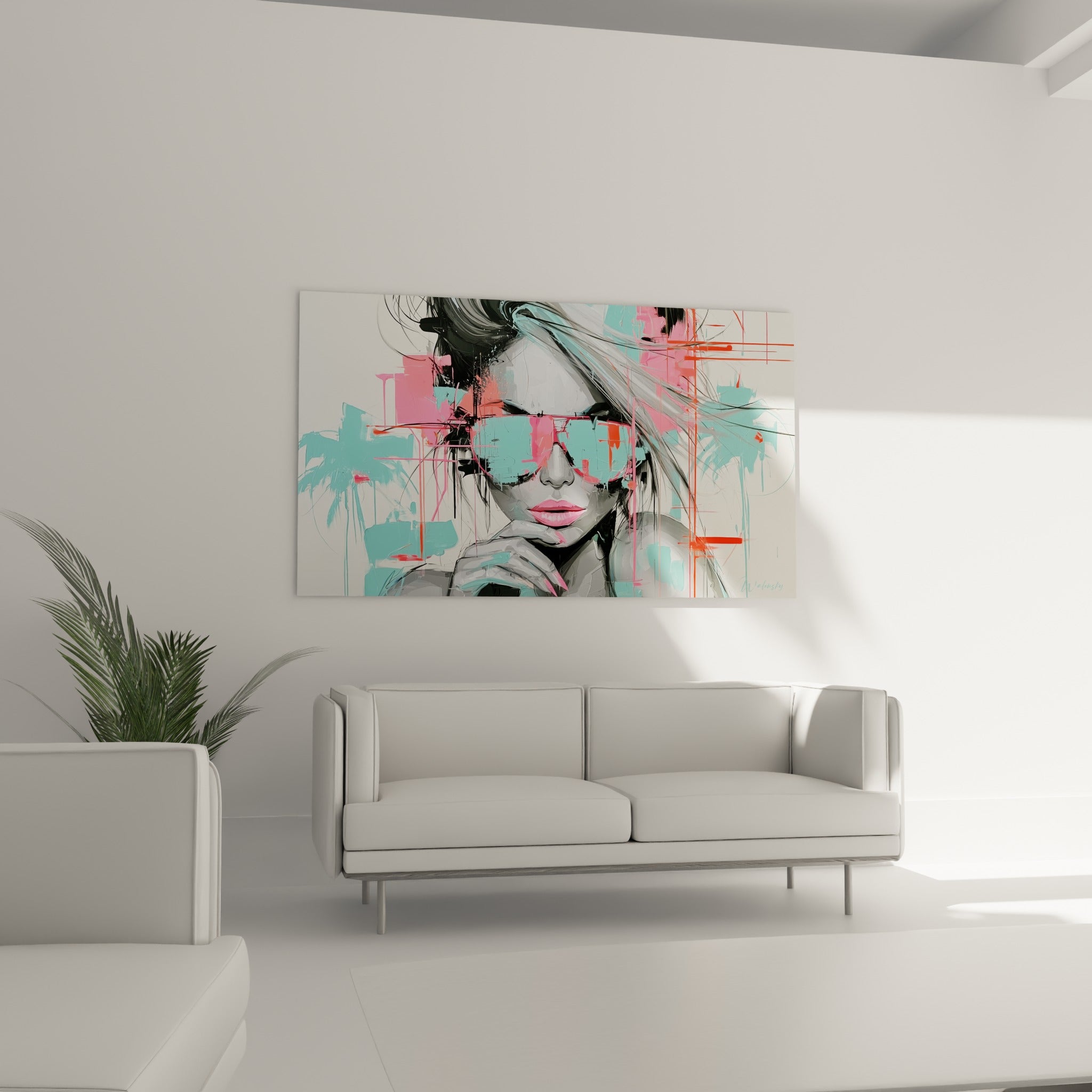 Visage de femme aux teintes corail et turquoise, main posée sur le menton, au-dessus d'un canapé dans un salon lumineux