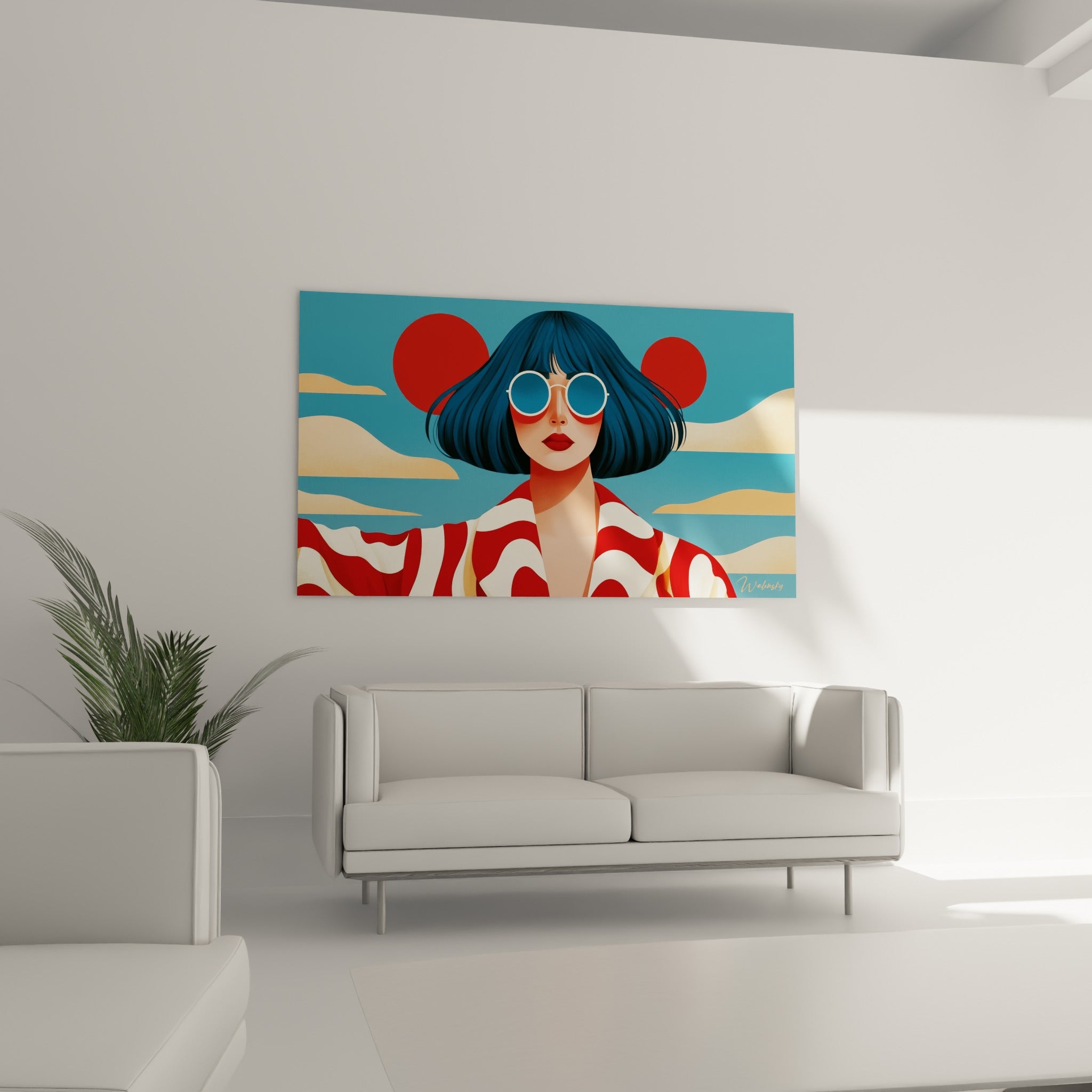 Visage aux lunettes blanches et lèvres rouges, fond bleu et sable, au-dessus d'un canapé dans un salon lumineux