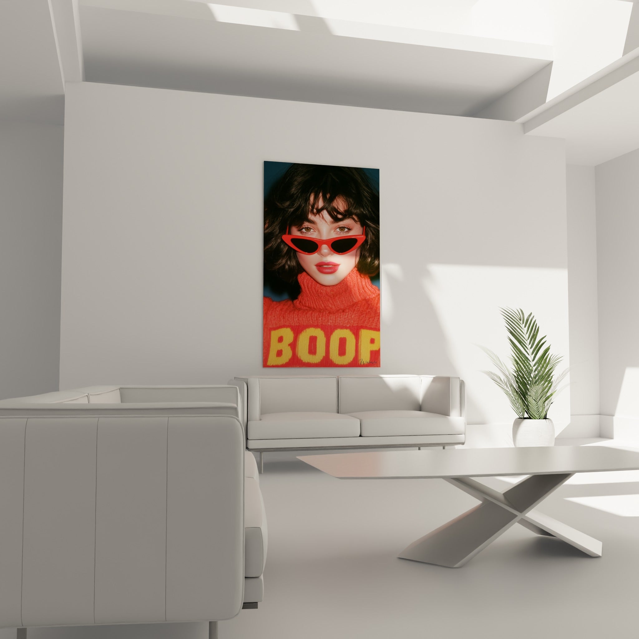 Visage aux lèvres rouges et lunettes cat-eye rouges sur pull orange, au-dessus d'un canapé dans un salon lumineux