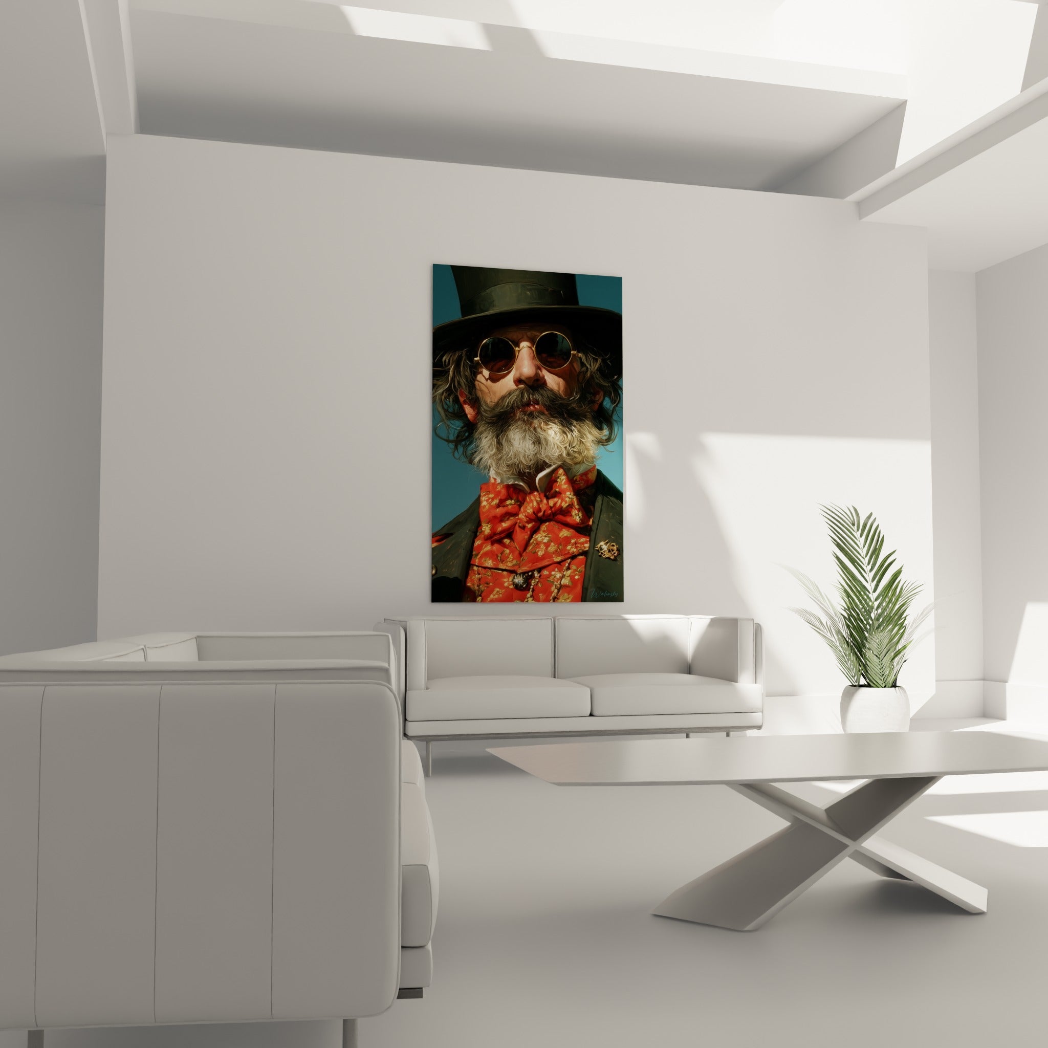 Visage aristocratique Rétro aux tons bleu marine et rouge, au-dessus d'un canapé dans un salon lumineux