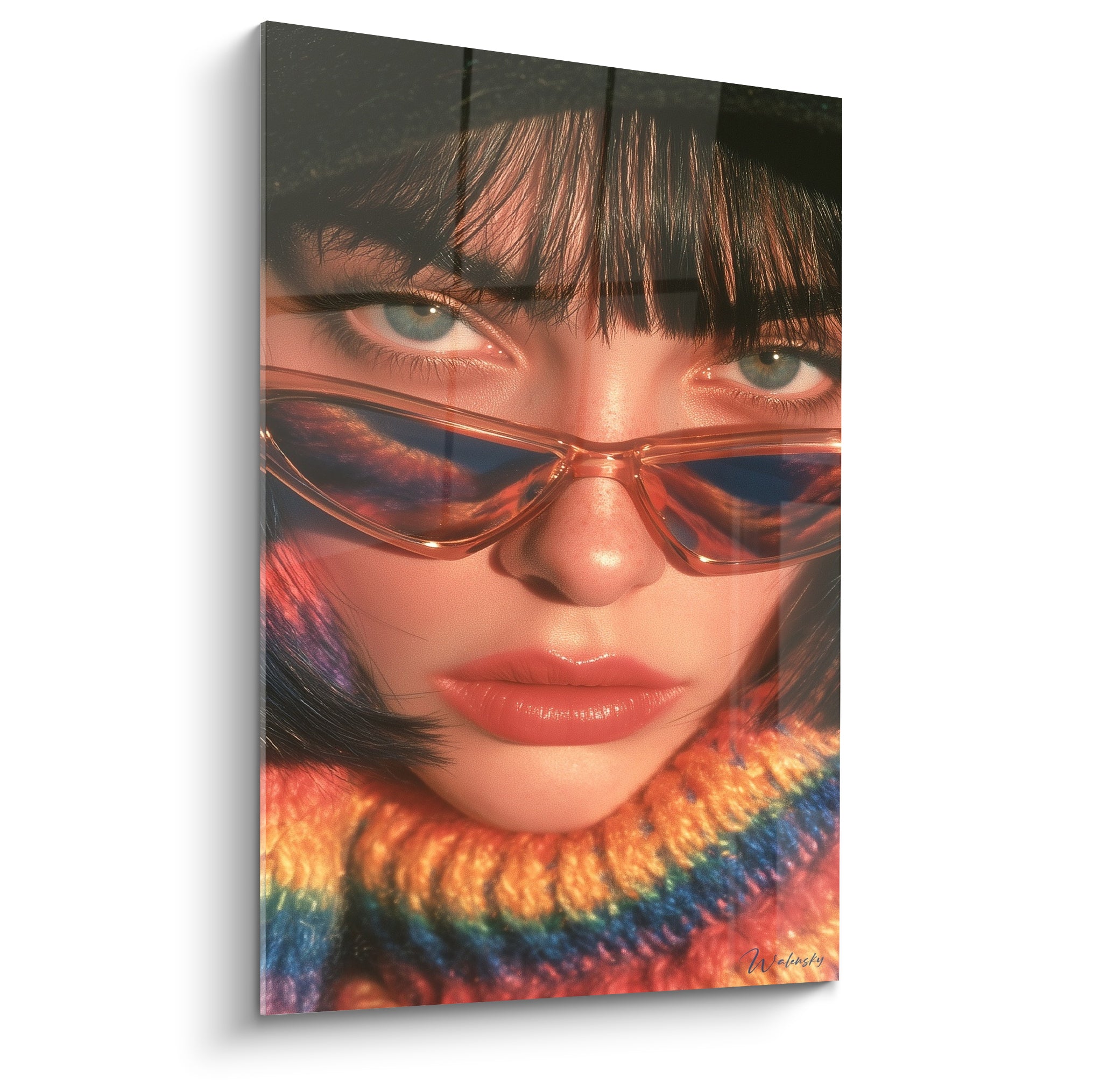 Visage féminin aux lunettes orange et yeux bleu marine, écharpe multicolore, portrait rétro intense