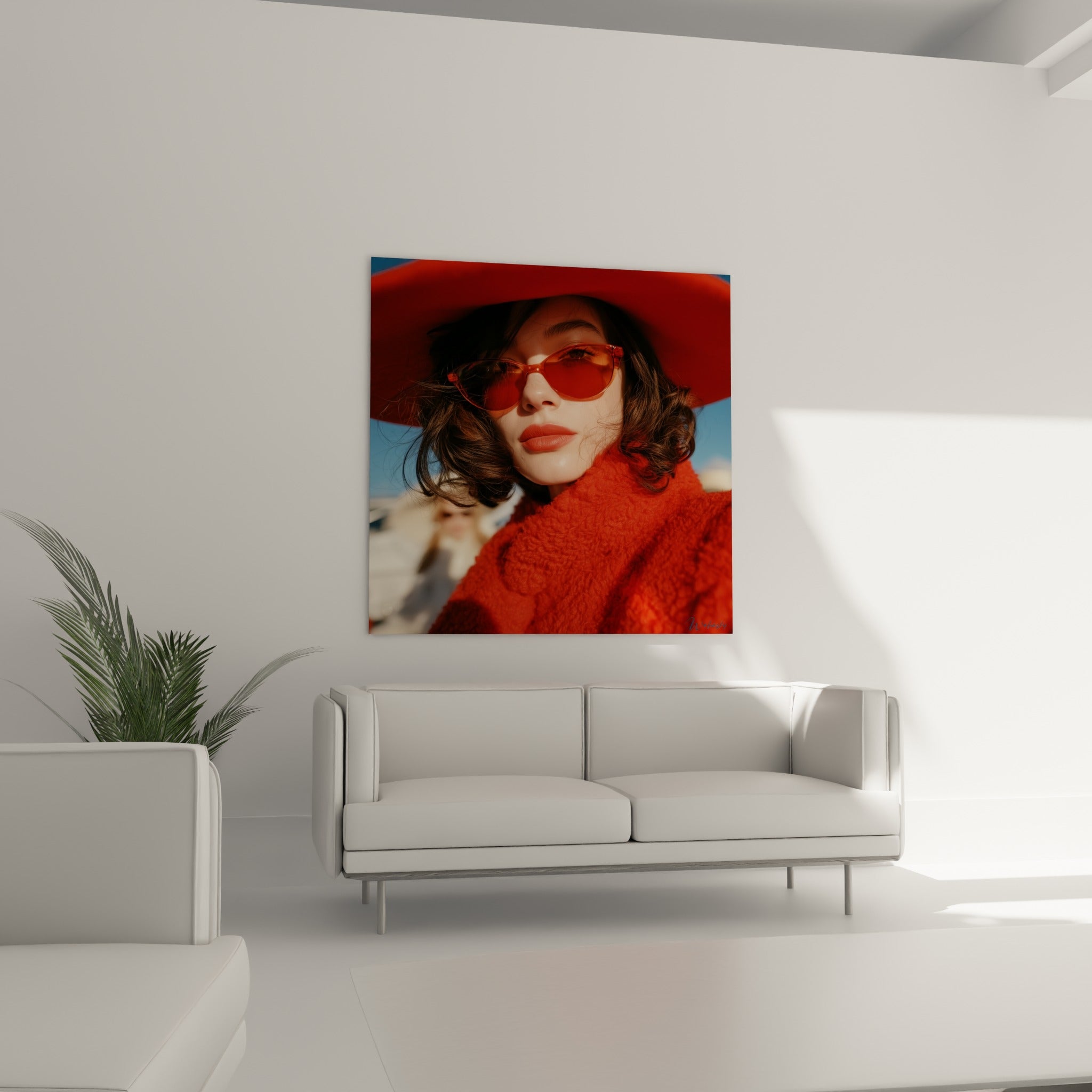 Regard captivant sous des lunettes teintées ambrées, tableau rétro terracotta au-dessus d'un canapé dans un salon lumineux