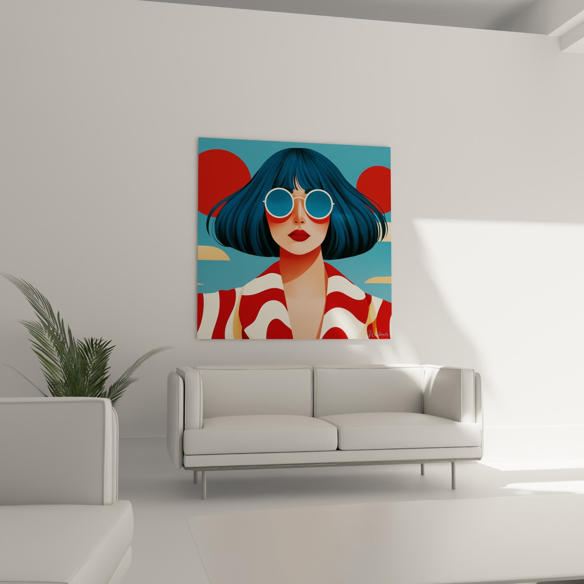 Silhouette féminine ocre et bleu profond aux lunettes réfléchissantes, au-dessus d'un canapé dans un salon lumineux