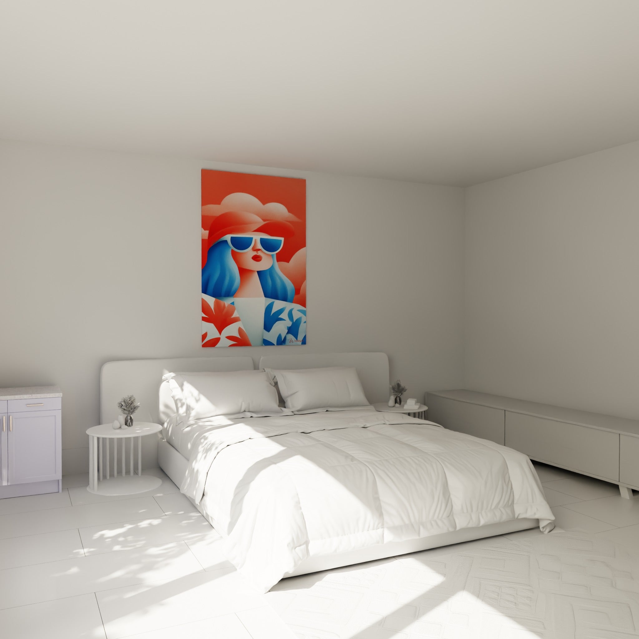Silhouette bleu marine et corail aux lunettes opaques, au-dessus d'un lit dans une chambre claire