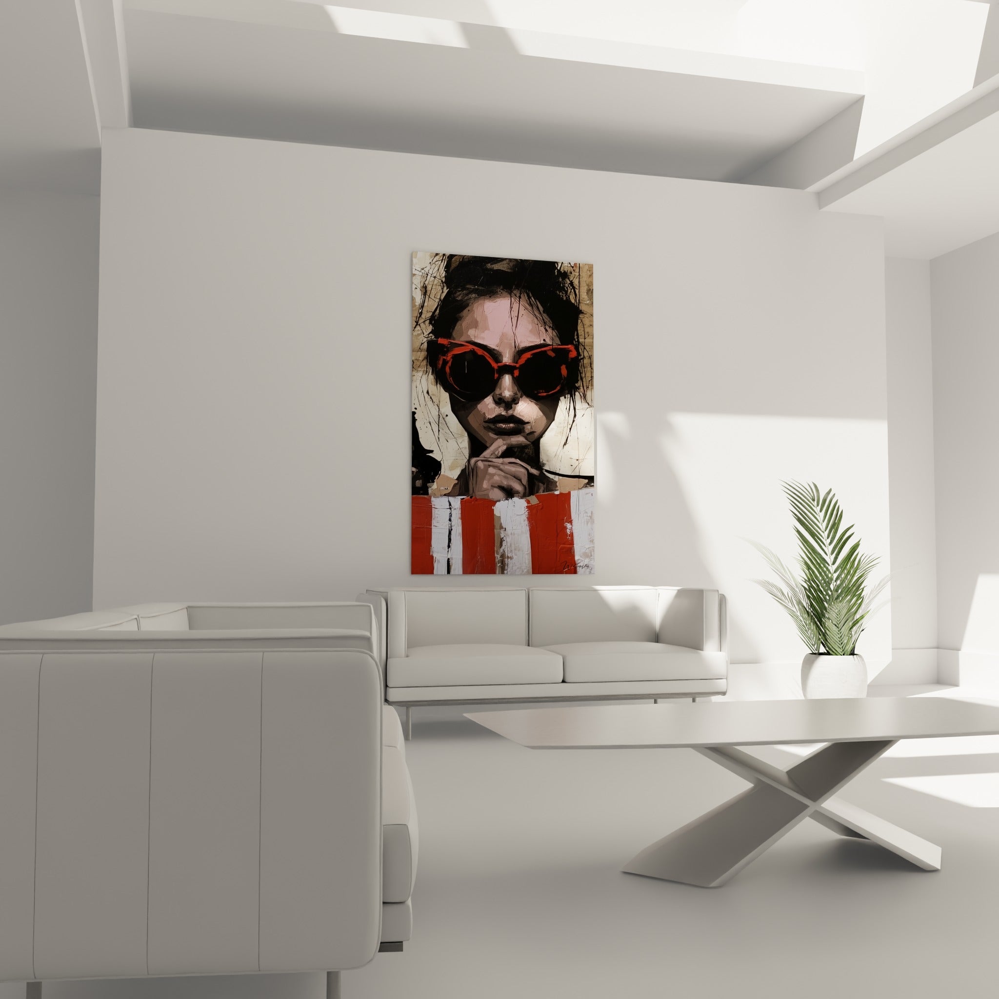 Visage énigmatique aux verres orangés et rayures blanches disposé au-dessus d'un canapé dans un salon lumineux