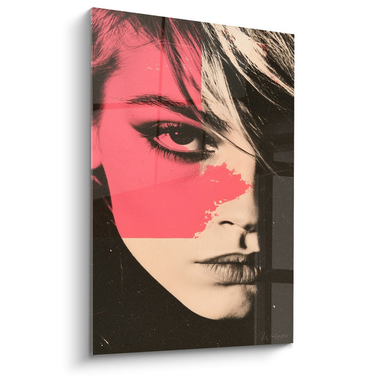 Tableau Visage rose et noir aux éclaboussures graphiques - Regard sérigraphié - Edition Rétro