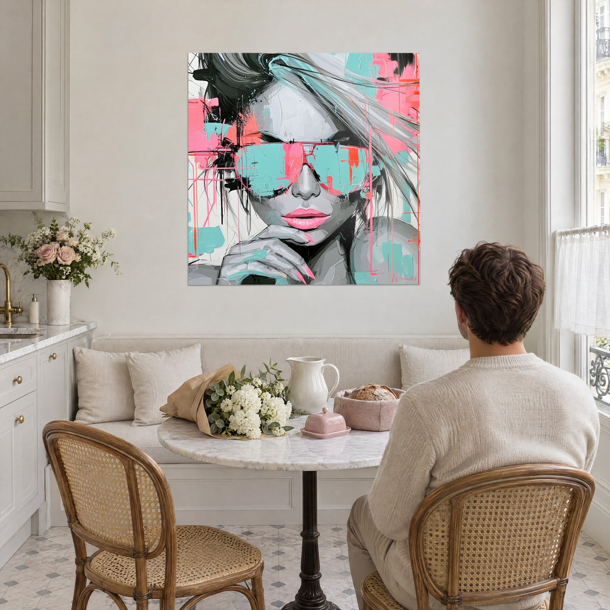 Quadro musa pop con occhiali turchesi, unghie rosa, capelli argentati, di fronte a un uomo seduto a tavola in una cucina luminosa