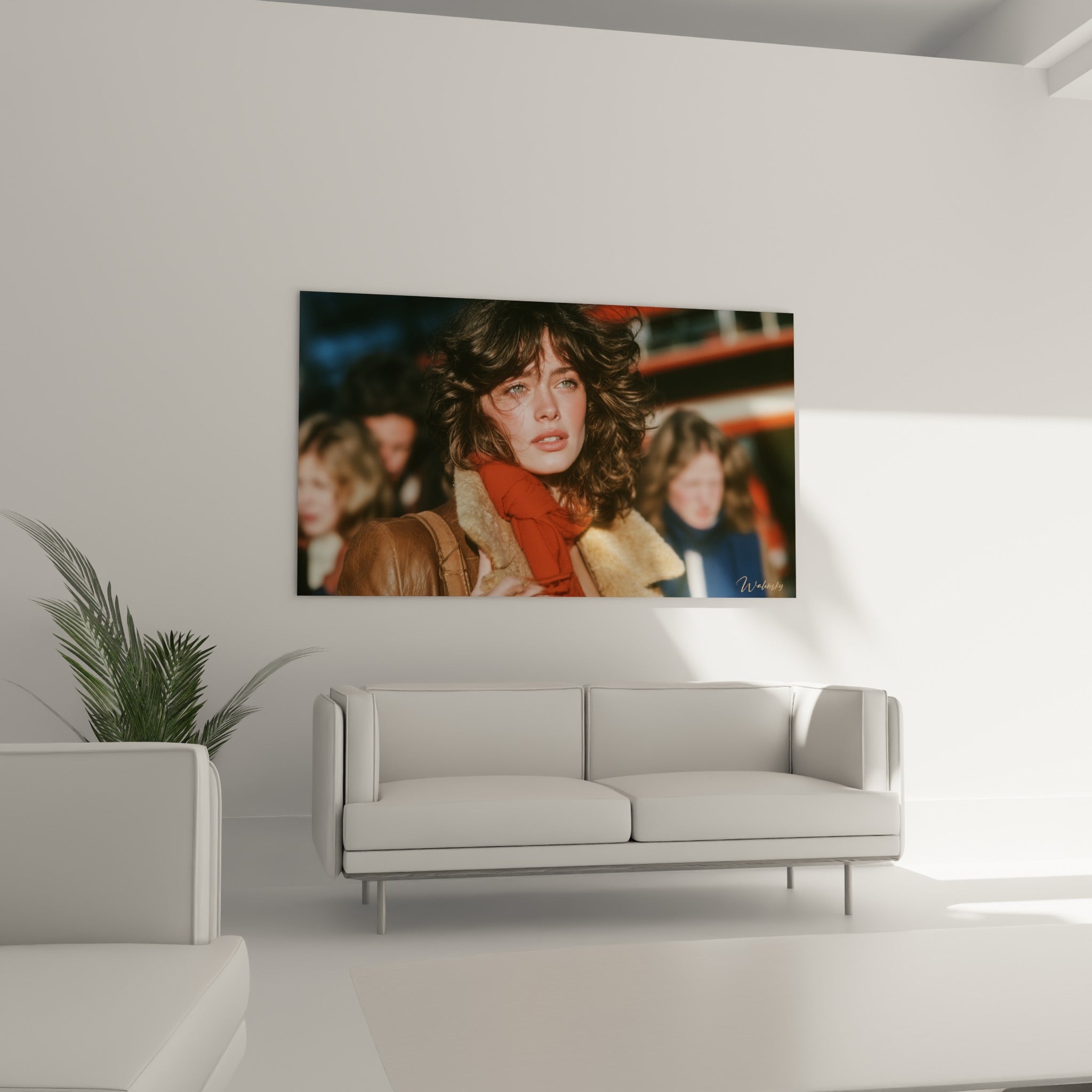 Chevelure brune ondulée et écharpe terracotta d'un portrait rétro, au-dessus d'un canapé dans un salon lumineux