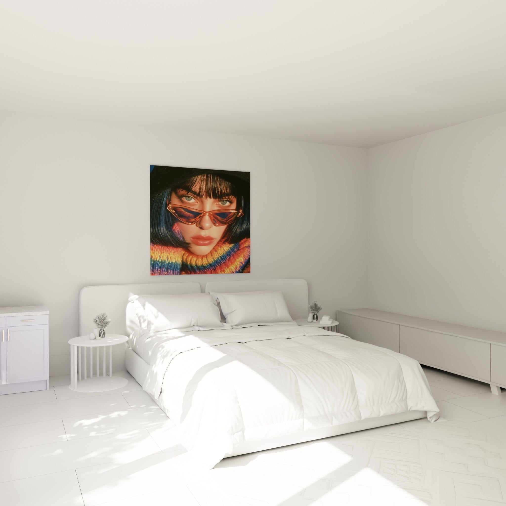 Regard vert perçant sous des lunettes cuivrées, pull tricoté orange, au-dessus d'un lit dans une chambre claire