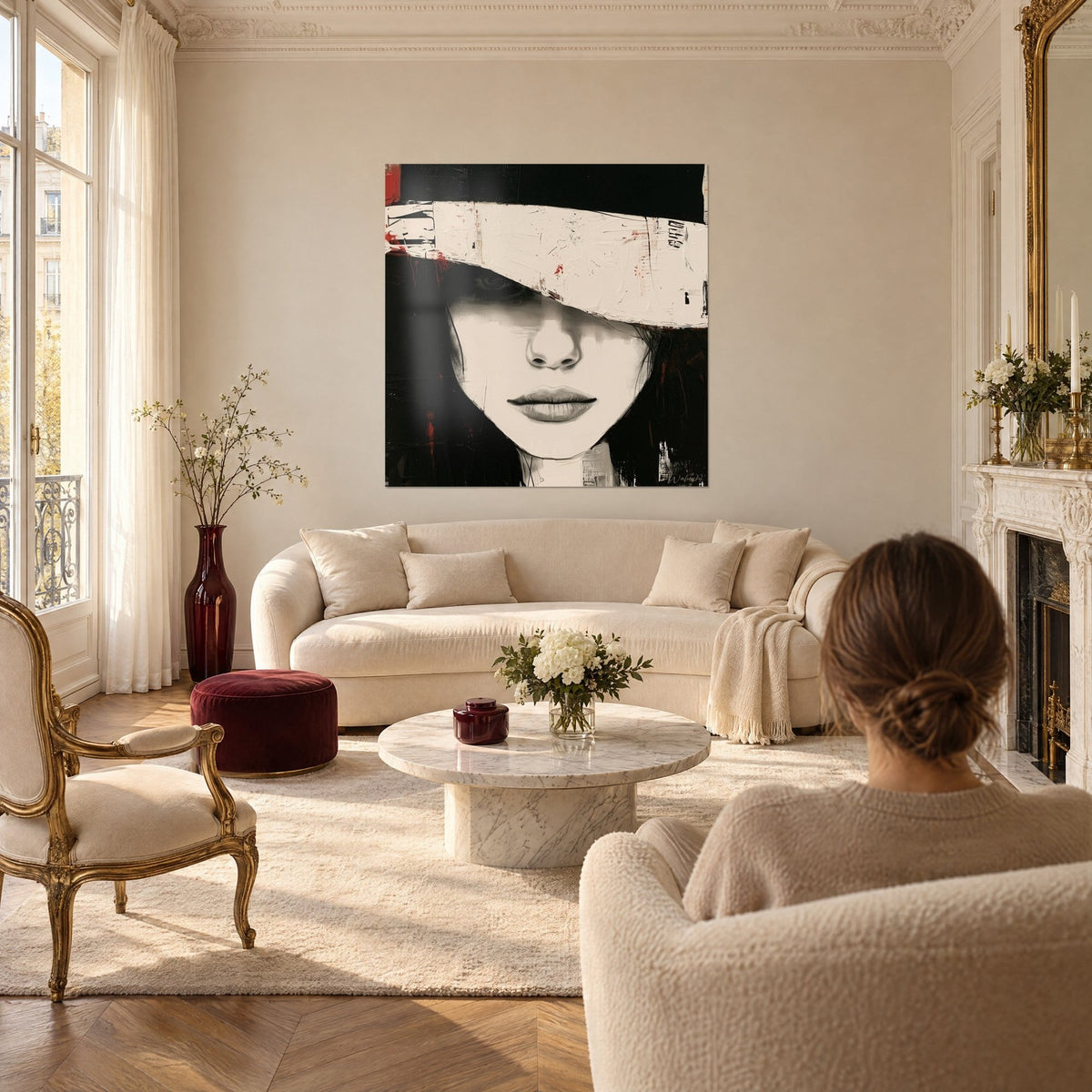 Wall art woman's face veiled by a wide white hat, grey lips and black strands, above a sofa in a bright living room