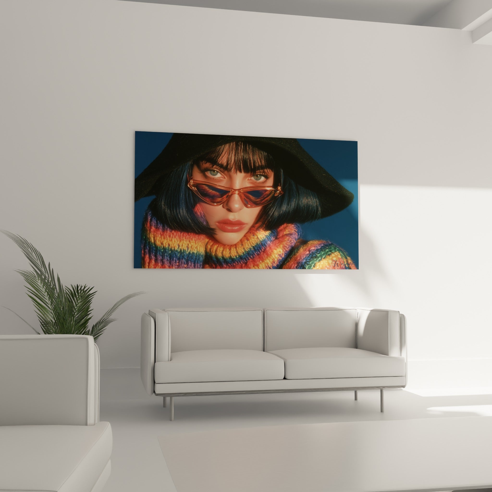 Visage intense sous chapeau anthracite et lunettes cuivrées, au-dessus d'un canapé dans un salon lumineux