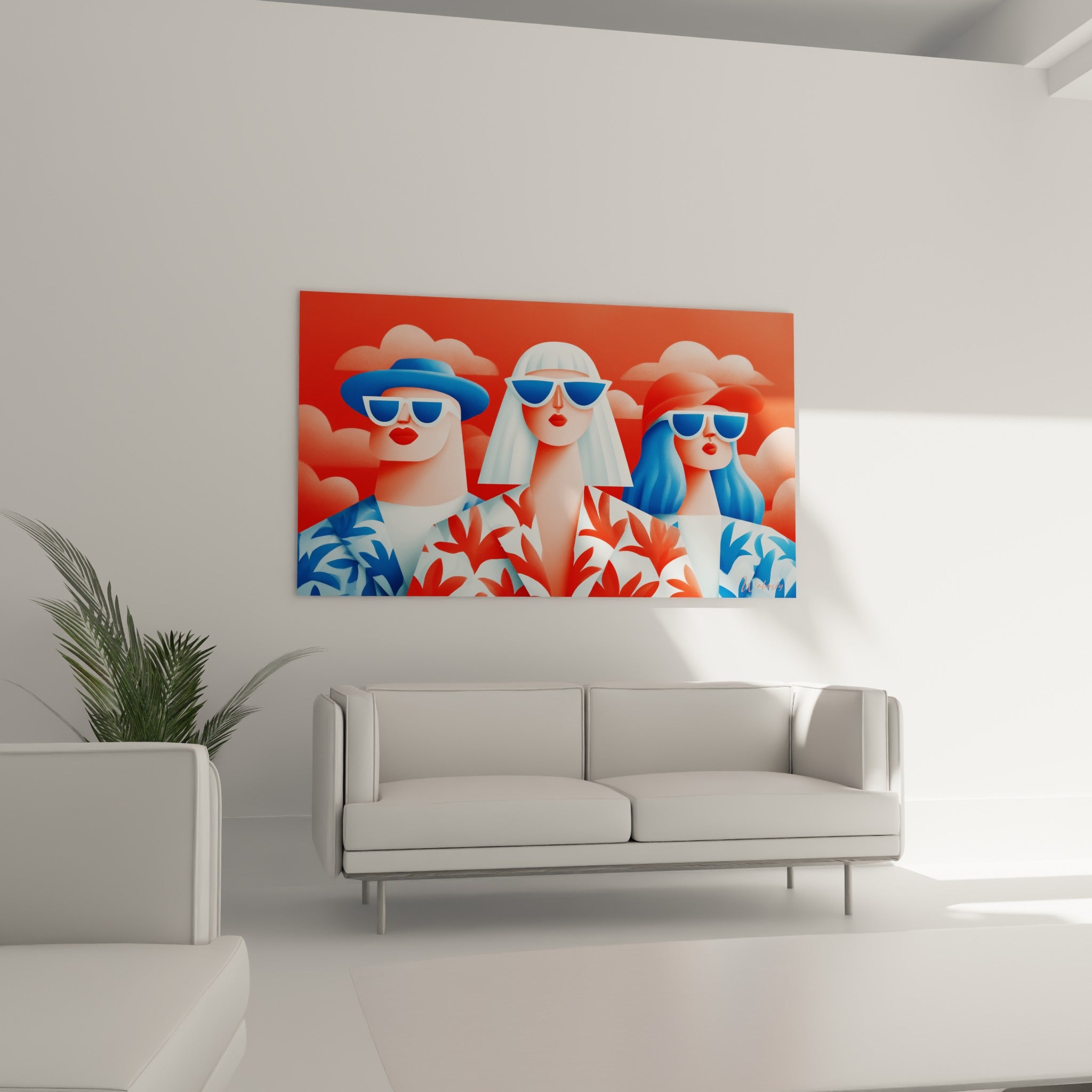 Personnages Rétro en chemises fleuries bleu et corail, visages géométriques, au-dessus d'un canapé dans un salon lumineux