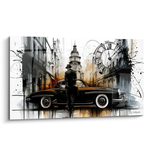 Tableau Voiture noire homme au chapeau et horloge - Rendez-vous suspendu - Edition Rétro