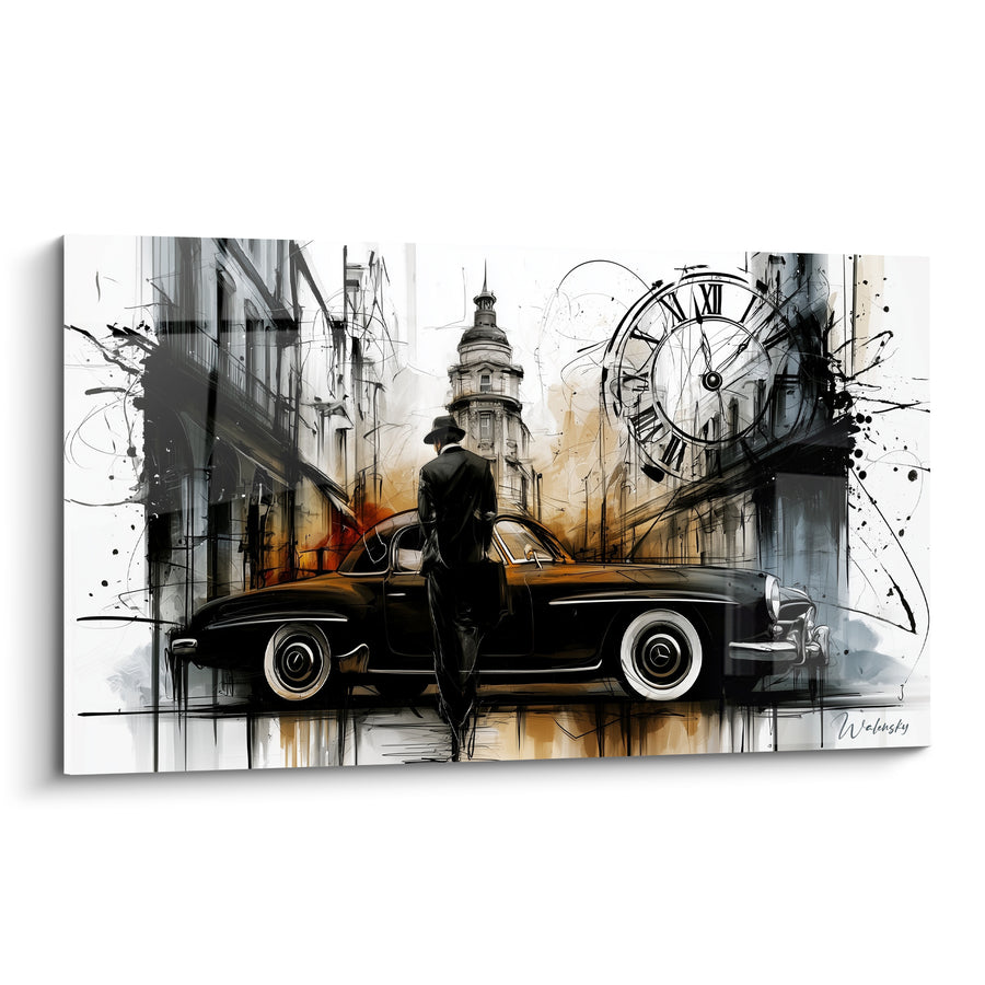 Tableau Voiture noire homme au chapeau et horloge - Rendez-vous suspendu - Edition Rétro