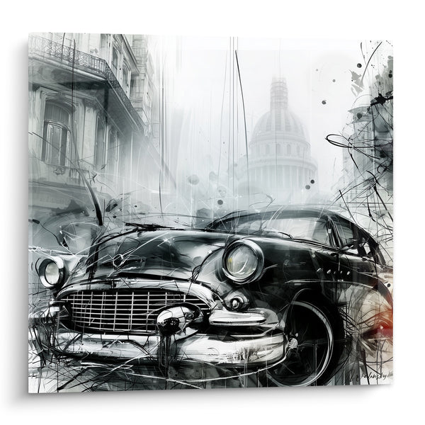 Tableau Voiture ancienne noire et blanche devant un dôme - Échappée coloniale - Edition Rétro