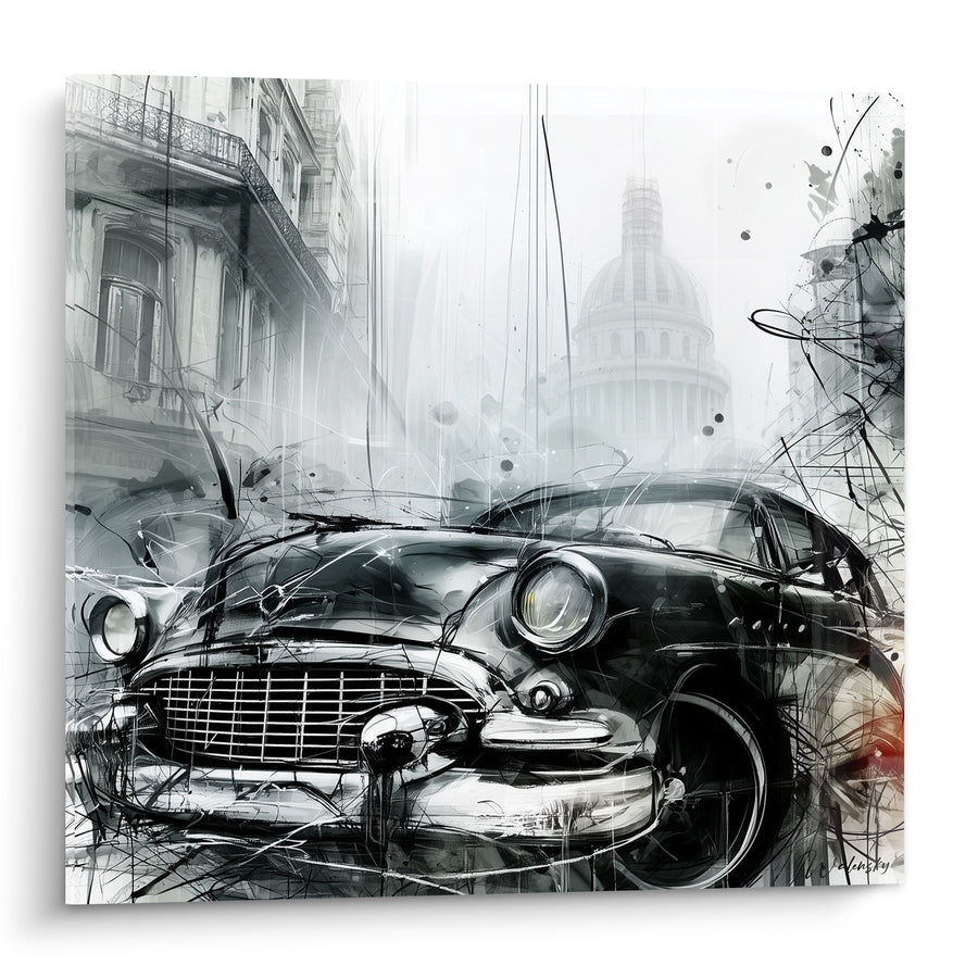 Cuadro Coche antiguo blanco y negro frente a una cúpula - Escapada colonial - Edición Retro