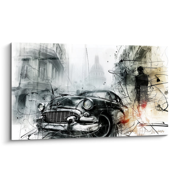 Tableau Voiture ancienne noire et blanche en ville - Souvenir d'une rue oubliée - Edition Rétro