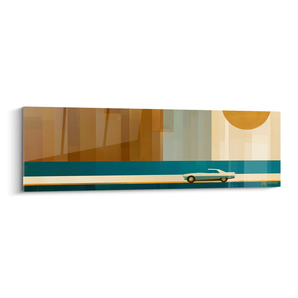 Tableau Voiture ancienne sur route ocre et bleu pétrole - Cavale au soleil couchant - Edition Rétro