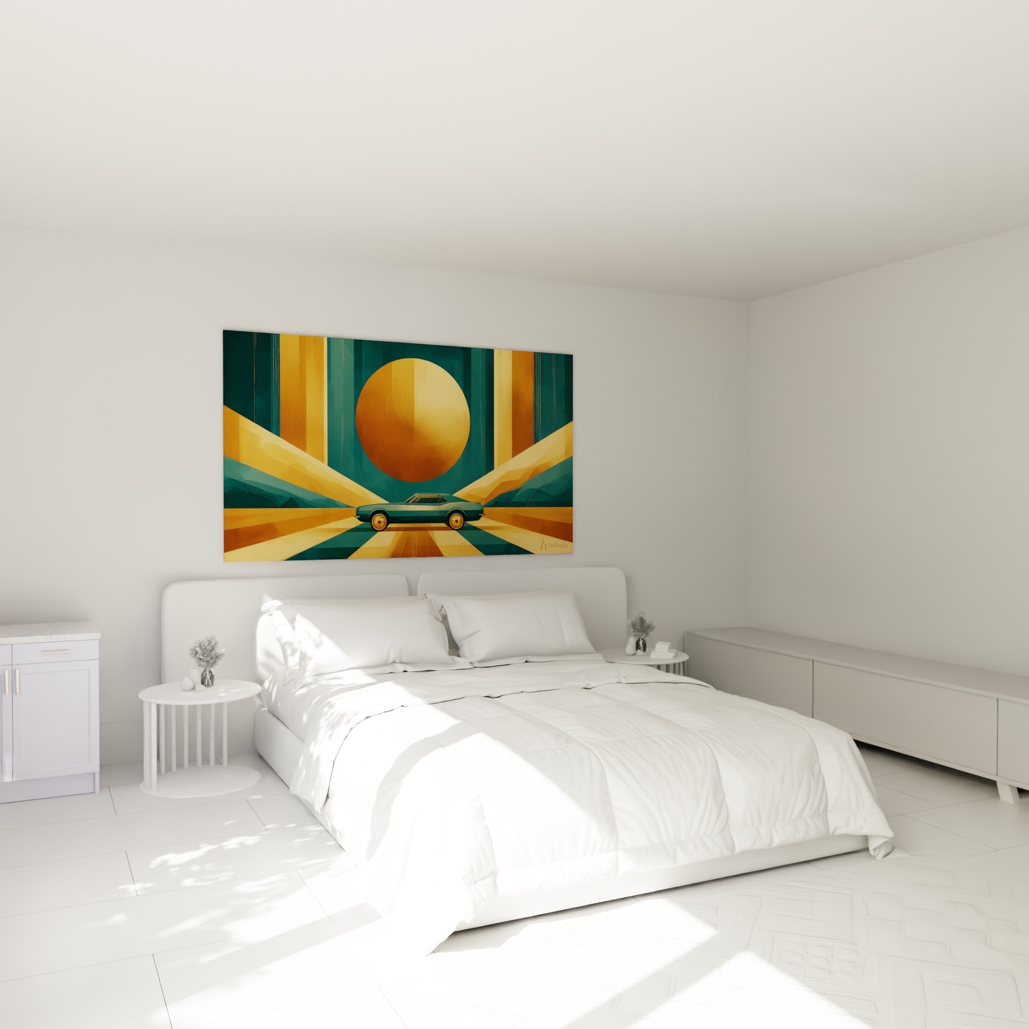 Coupé sarcelle filant sous un soleil doré, tableau rétro placé au-dessus d'un lit dans une chambre claire