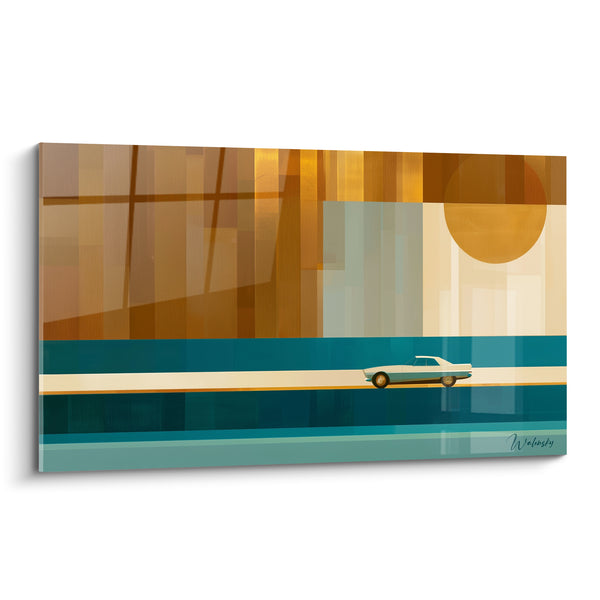Tableau Voiture ancienne route ocre et bleu pétrole - Voyage au crépuscule - Edition Rétro