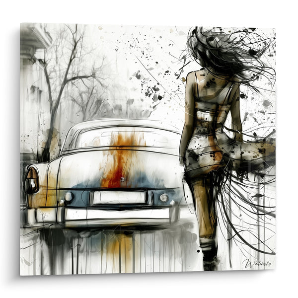 Tableau Voiture ancienne et silhouette féminine ébouriffée - Envol urbain - Edition Rétro