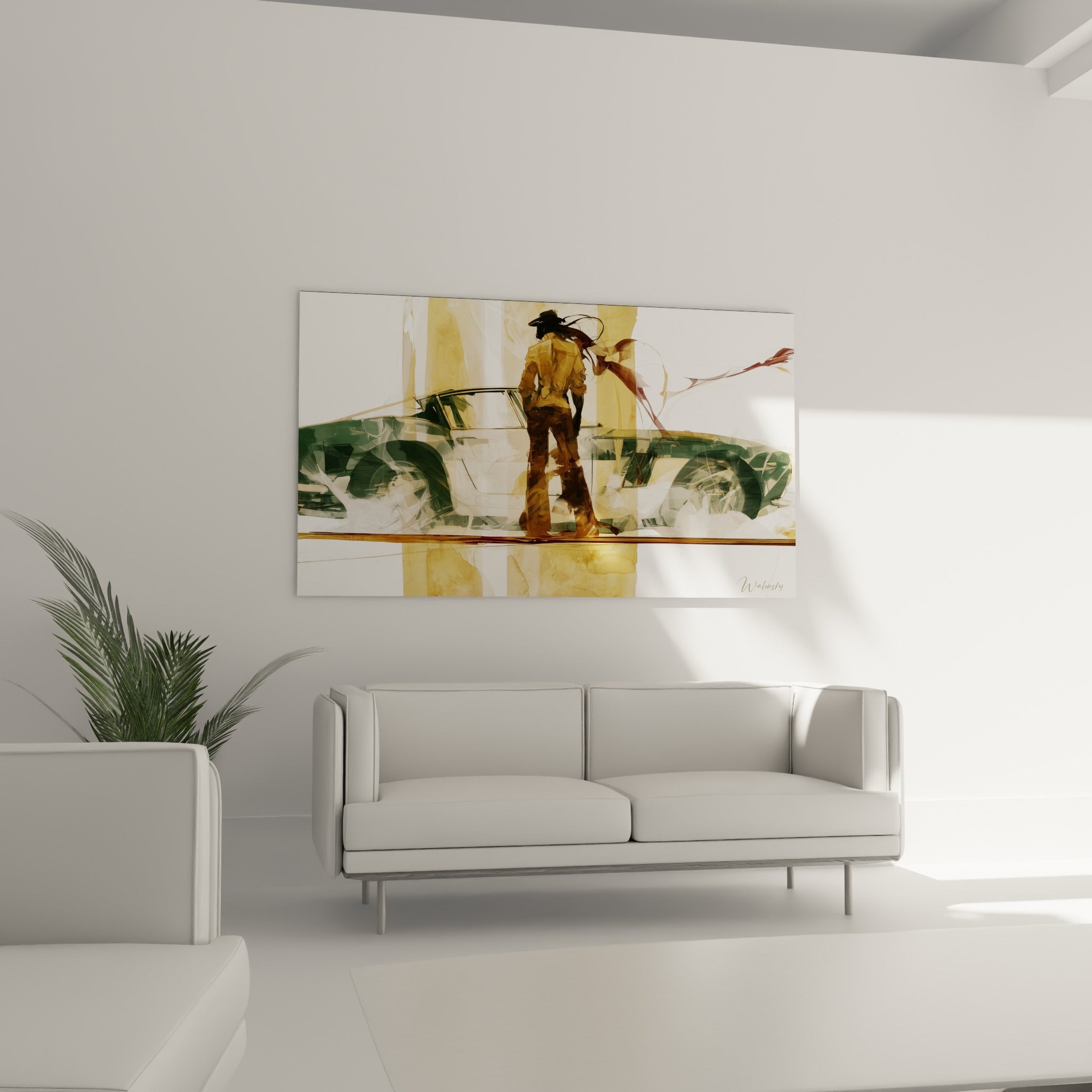 Figure brune et voiture verte en transparence, tableau placé au-dessus d'un canapé dans un salon lumineux