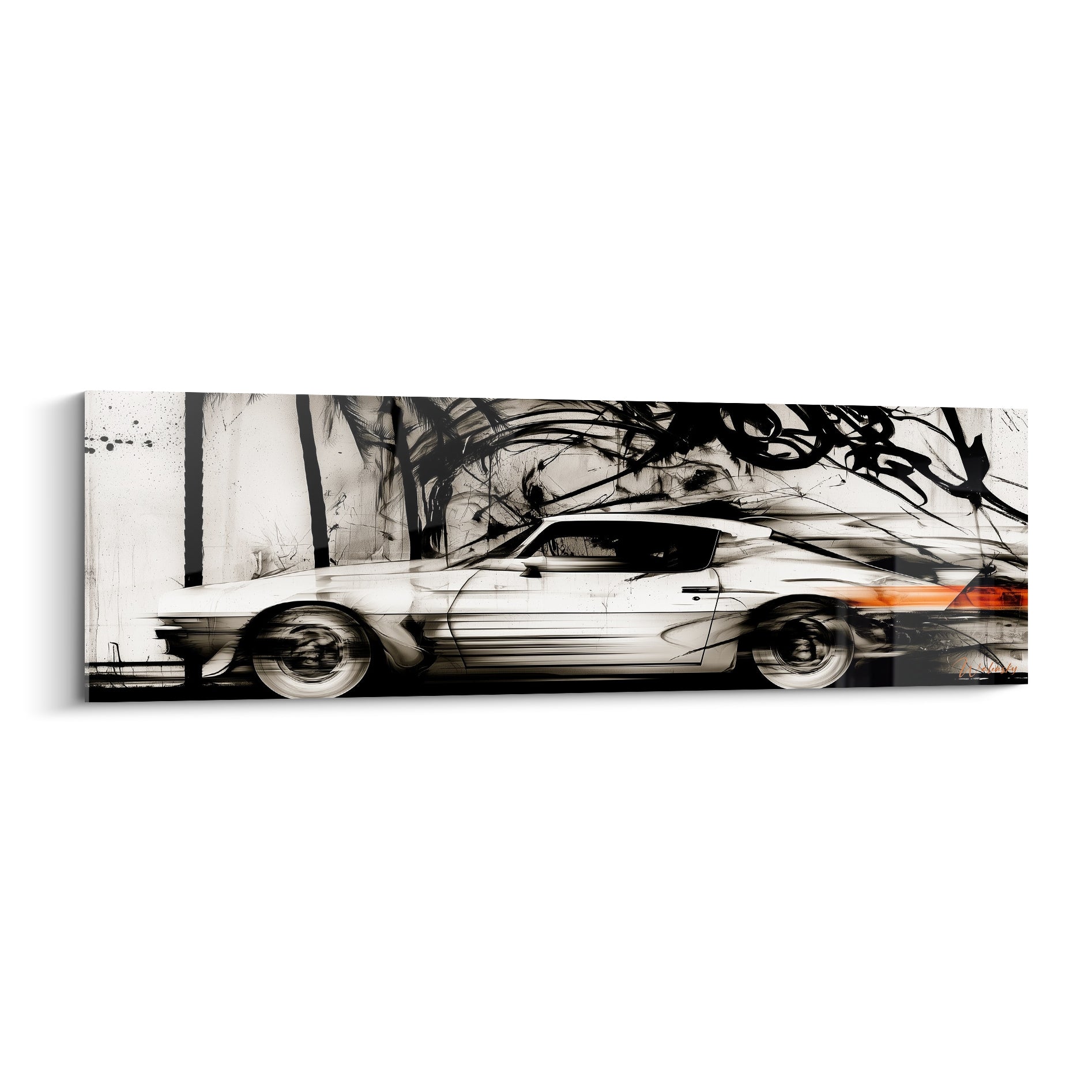 Voiture de sport blanche filant avec éclaboussures noires et traînée orange sur fond crème