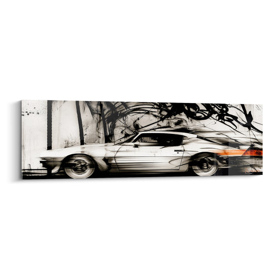 Tableau Voiture blanche aux éclaboussures noires filante - Course effrénée - Edition Rétro