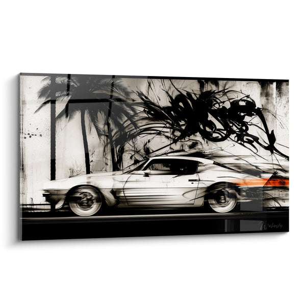 Tableau Voiture blanche aux palmiers noirs stylisés - Échappée nocturne - Edition Rétro