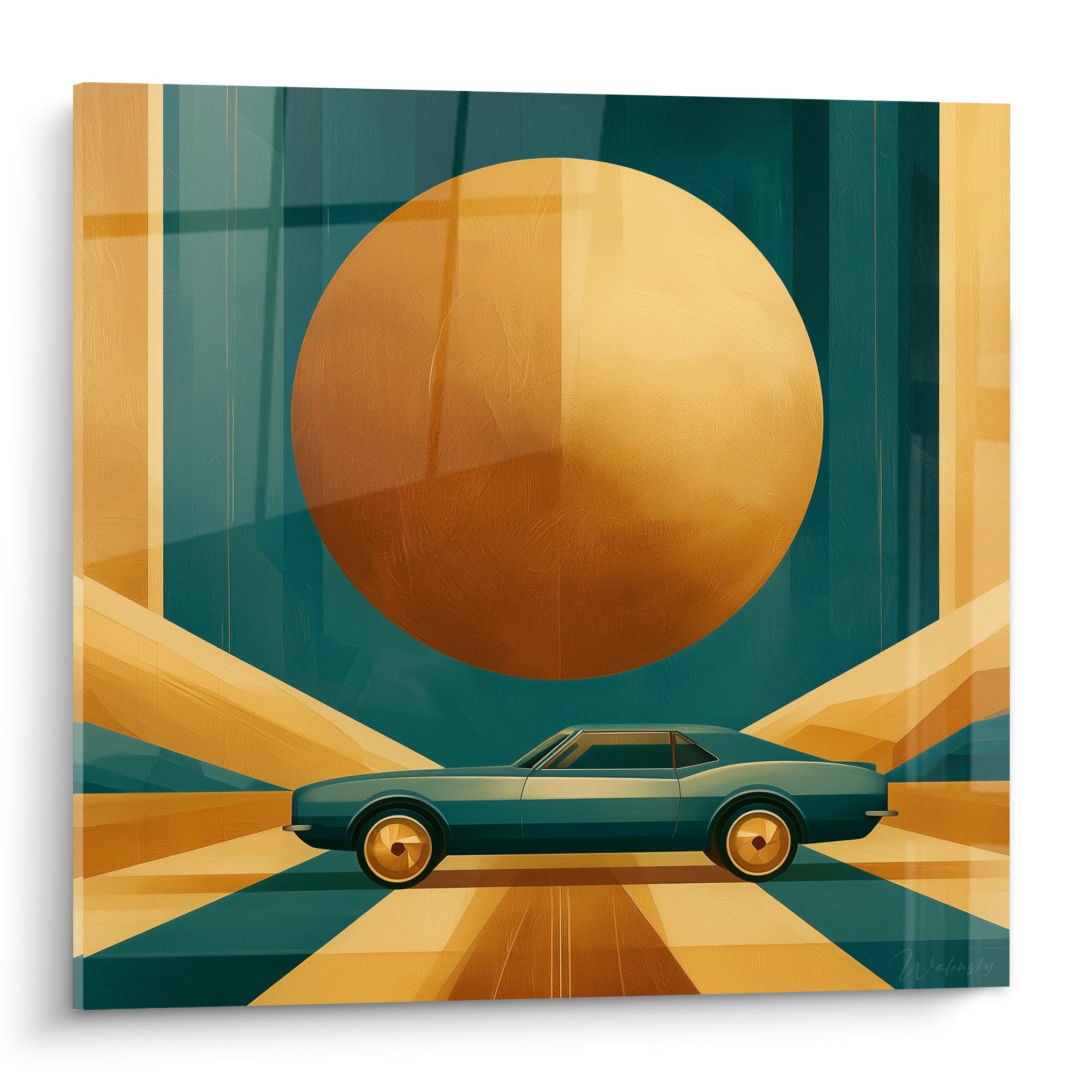 Voiture ancienne sarcelle roulant vers un immense soleil doré, tableau Rétro peint en aplats géométriques