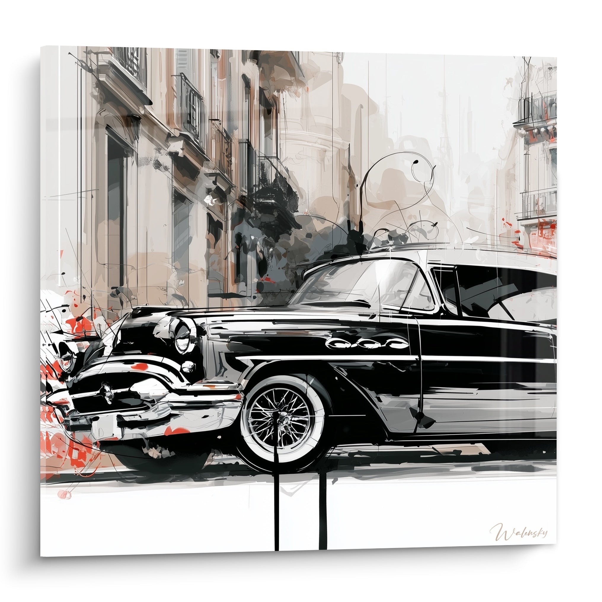 Voiture ancienne noire aux détails chromés, éclats rouge terracotta et façades beige en arrière-plan