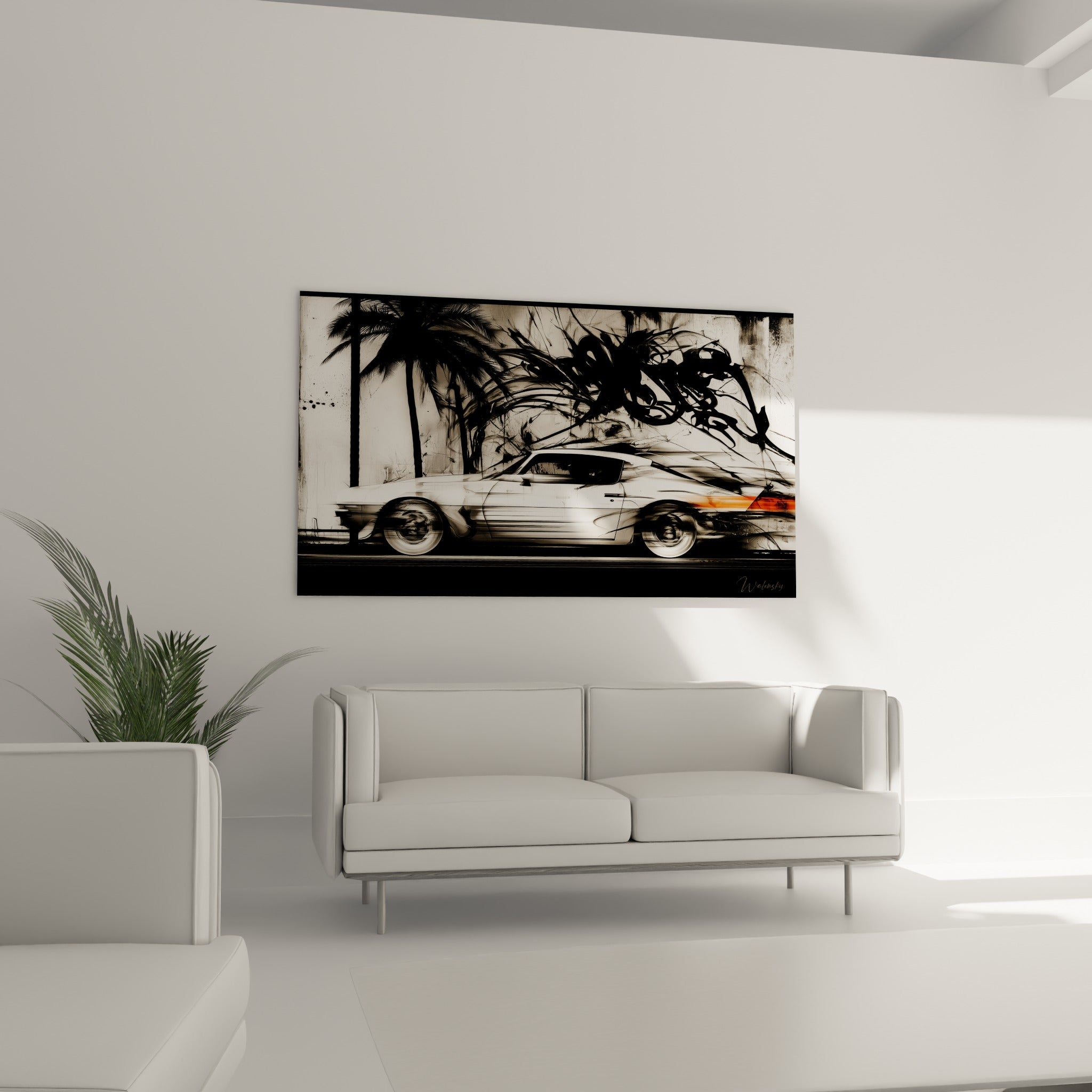 Scène automobile blanche et noire aux accents orange, au-dessus d'un canapé dans un salon lumineux