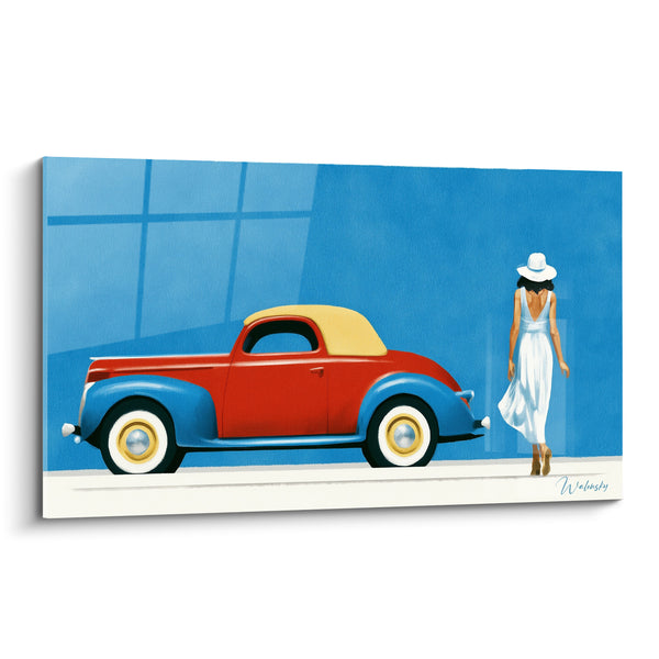 Tableau Voiture rouge et bleue avec passante - Balade estivale - Edition Rétro
