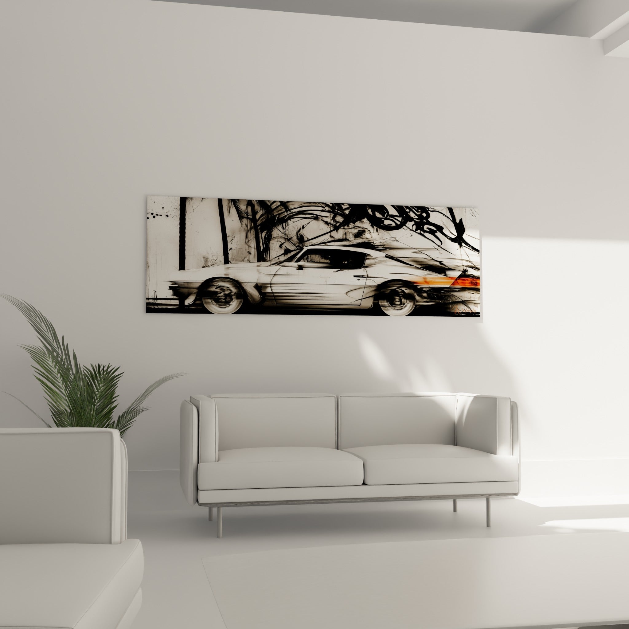 Automobile rétro blanche et noire à l'effet de mouvement flou au-dessus d'un canapé dans un salon lumineux