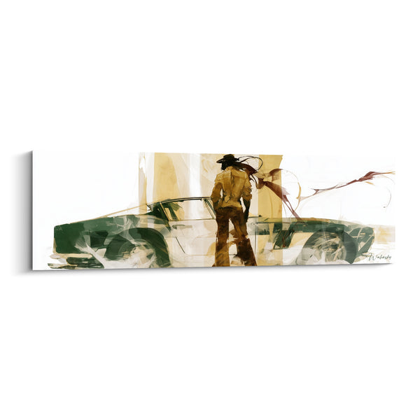 Tableau Voiture verte et silhouette ocre au chapeau - Avant le départ - Edition Rétro