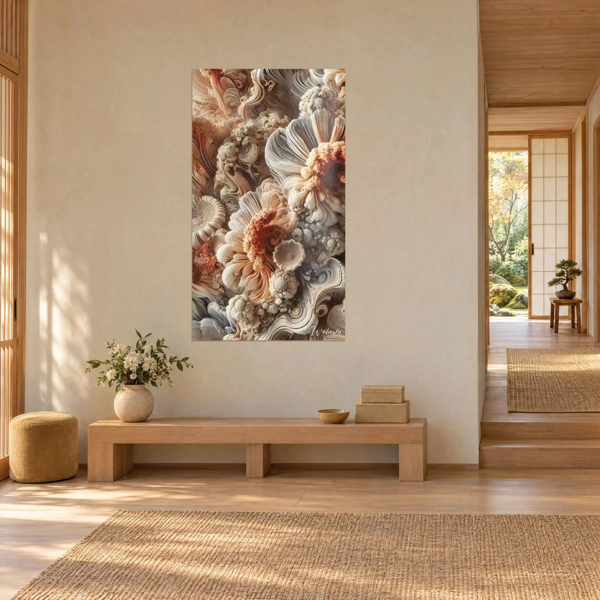 Tableau corolle crème aux pétales de coquillage, cœur orangé, vu de trois-quarts sur un mur beige, couloir japandi