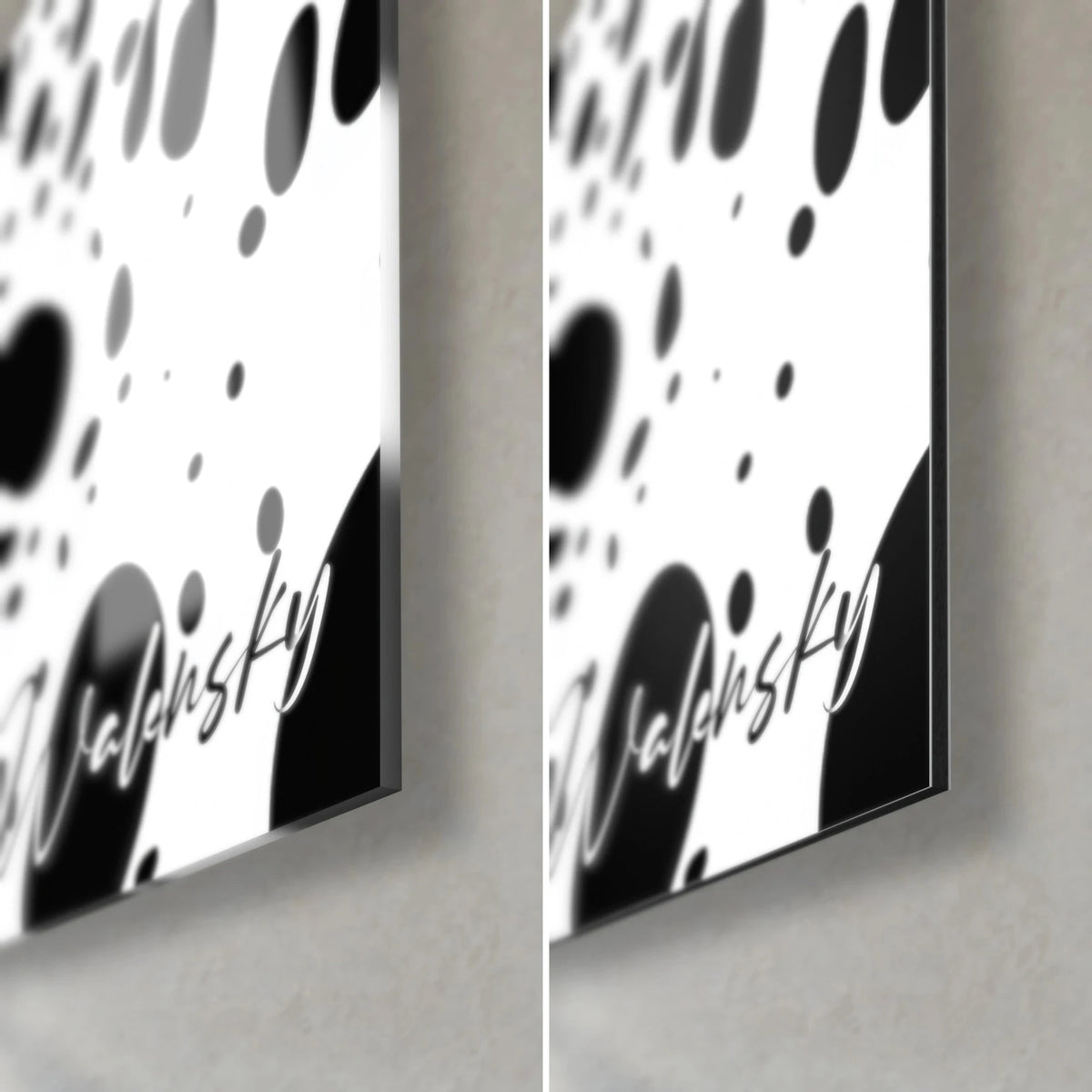 Wall art with black speckles on white, bottom right corner, glossy acrylic glass on the left, matte grey Dibond on the right, 3 mm edge